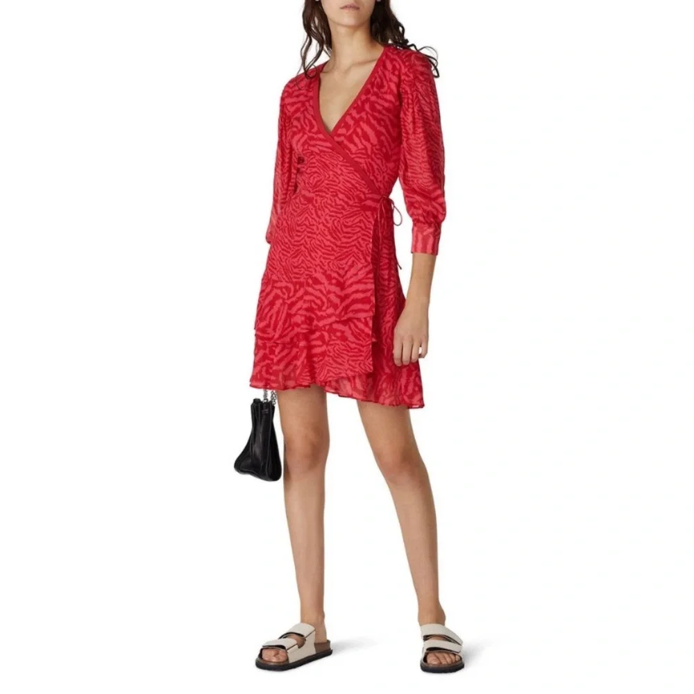 AllSaints Keva Remix Red Zebra Printed Crepe Dress Size Large